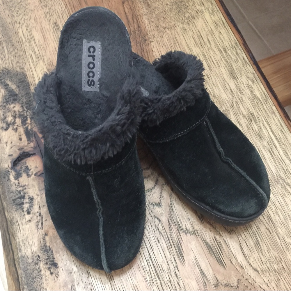 Black suede croc mules
